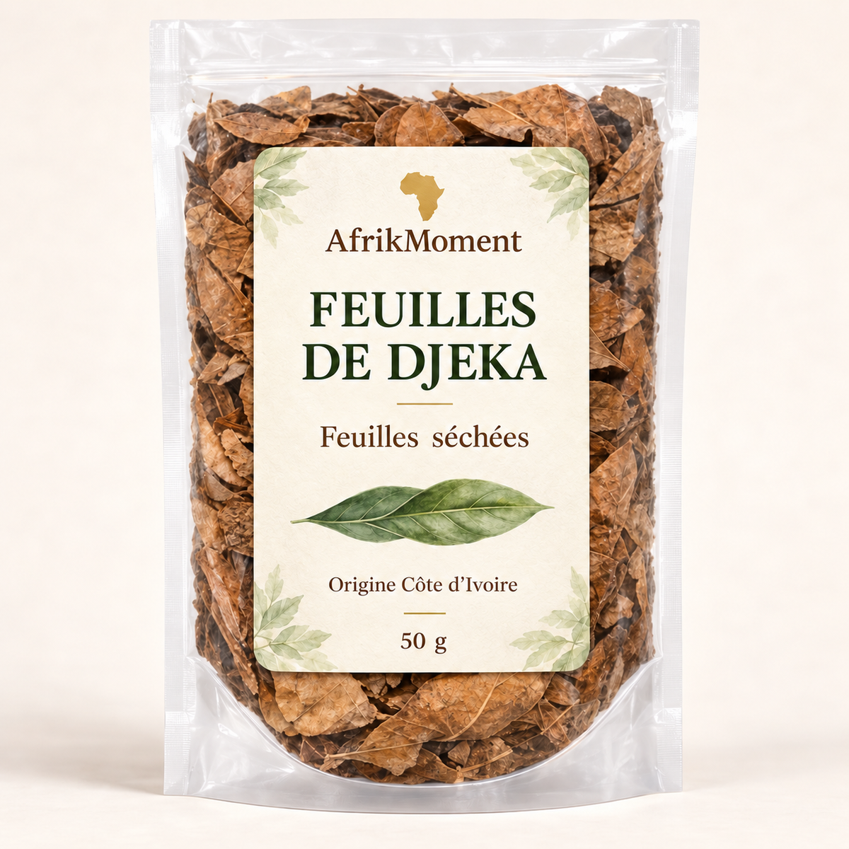 Illustration du sachet de feuilles de Djeka AfrikMoment 50 g, étiquette française.