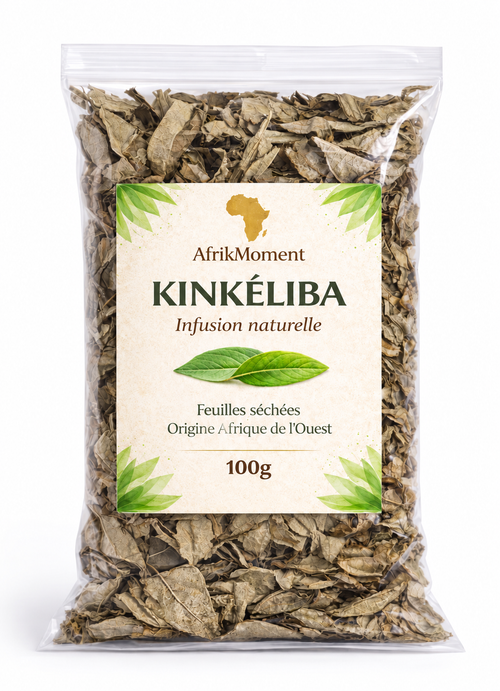 Sachet de feuilles de kinkéliba AfrikMoment de 100 g, avec étiquette en français, sur fond blanc.