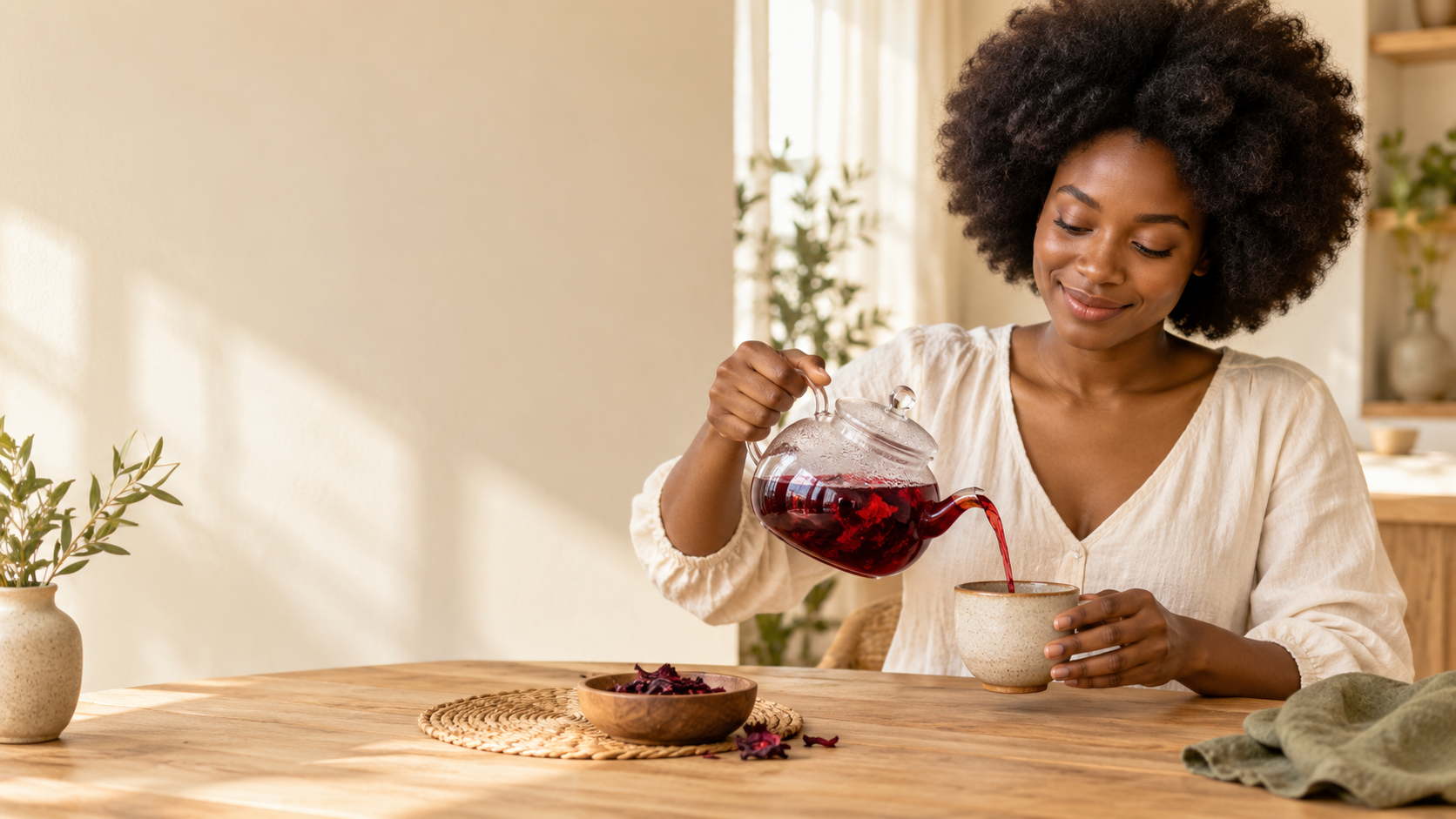 Visuel d’ambiance : une femme aux cheveux afro verse une infusion de bissap à une table en bois clair.