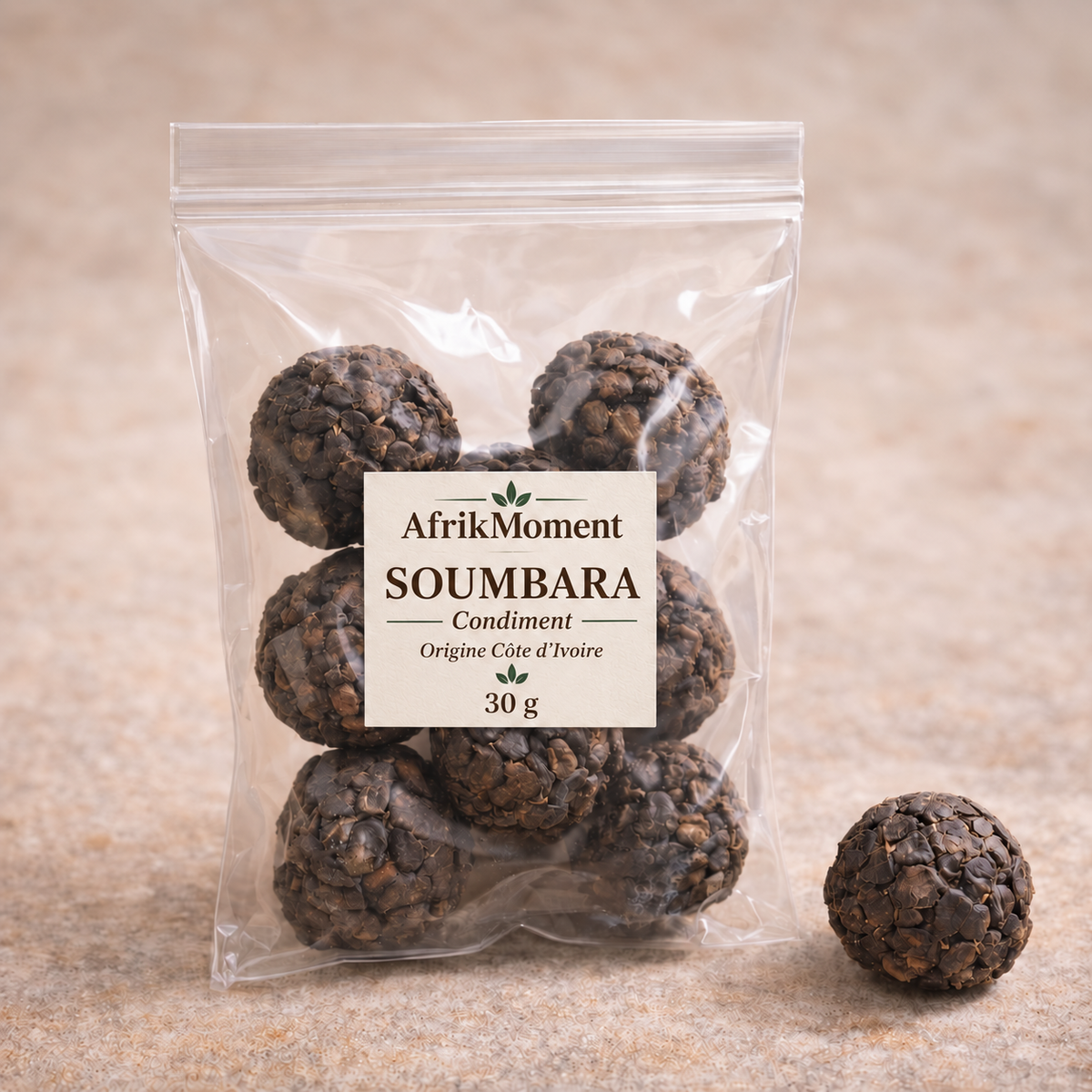 Illustration du sachet de soumbara AfrikMoment 30 g, étiquette française.