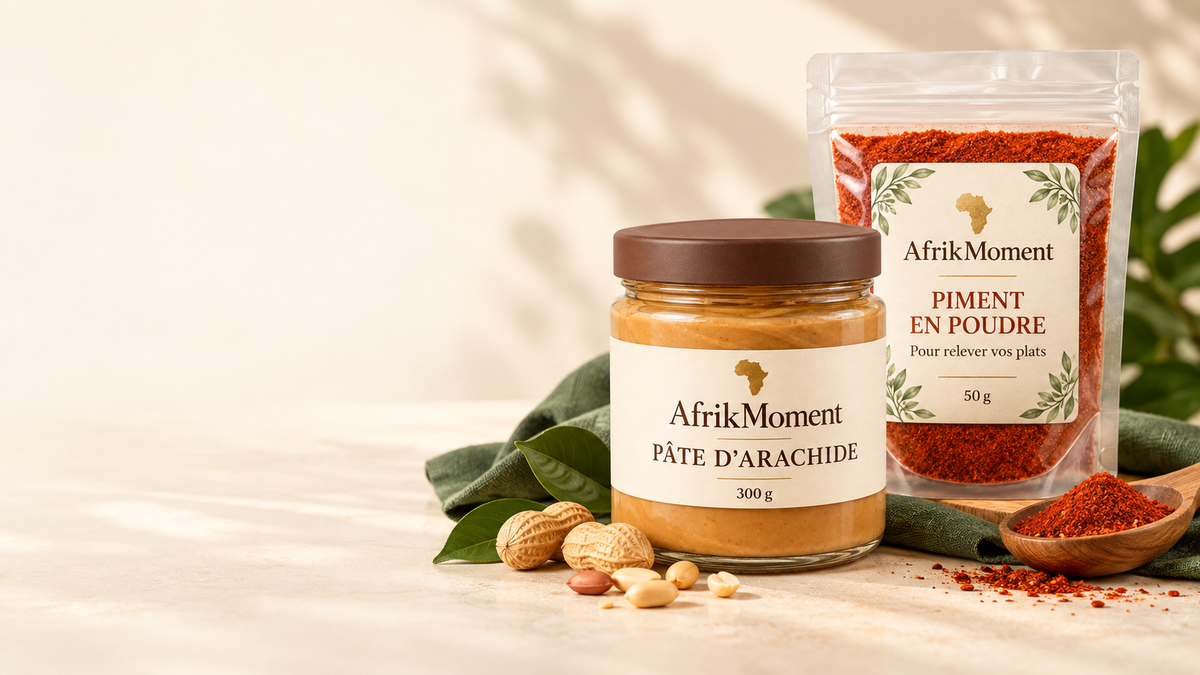 Illustration d’ambiance de la pâte d’arachide et du piment AfrikMoment. Les accessoires ne sont pas inclus.